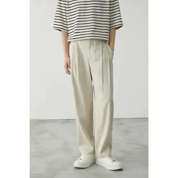 Design Striped Oversized T-Shirt and Beige Pleated Trousers with White Platform Sneakers Pants - 5