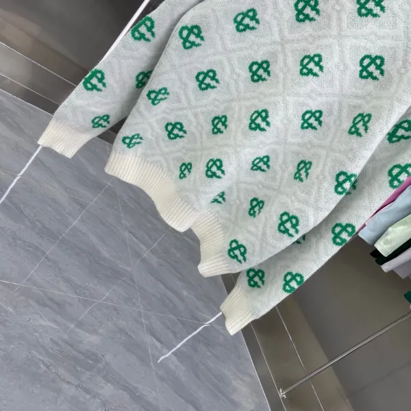 Design Knit Sweater with Green Logo Pattern White - 11