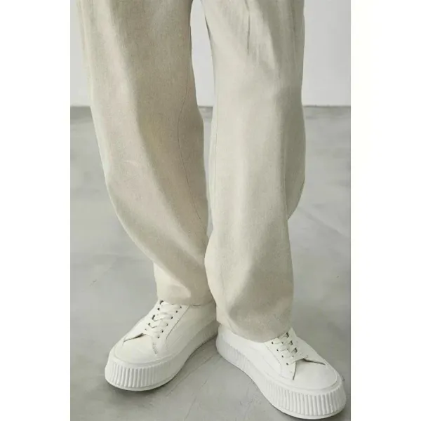 Design Striped Oversized T-Shirt and Beige Pleated Trousers with White Platform Sneakers Pants - 11