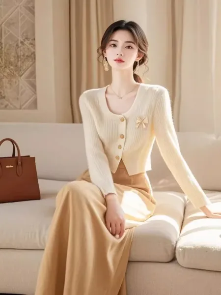 Design Ribbed Knit Cardigan with Bow Detail Beige Cardigan - 2