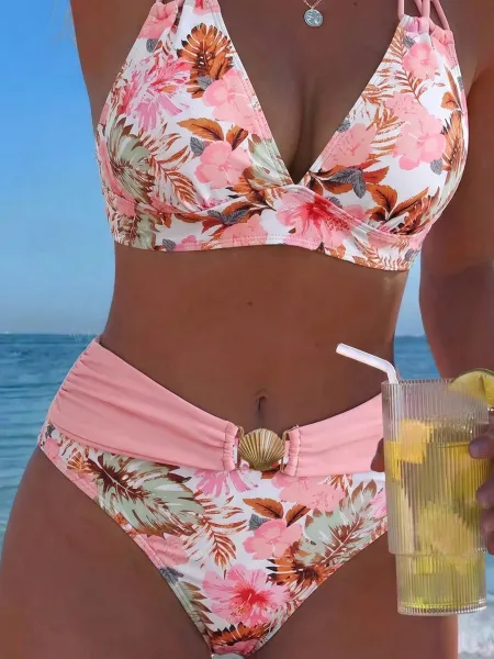 Design Sea Life Print Halter Neck Bikini Set with Shell Buckle Waistband Swimwear - 9