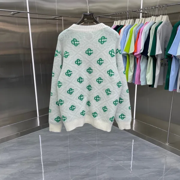 Design Knit Sweater with Green Logo Pattern White - 14
