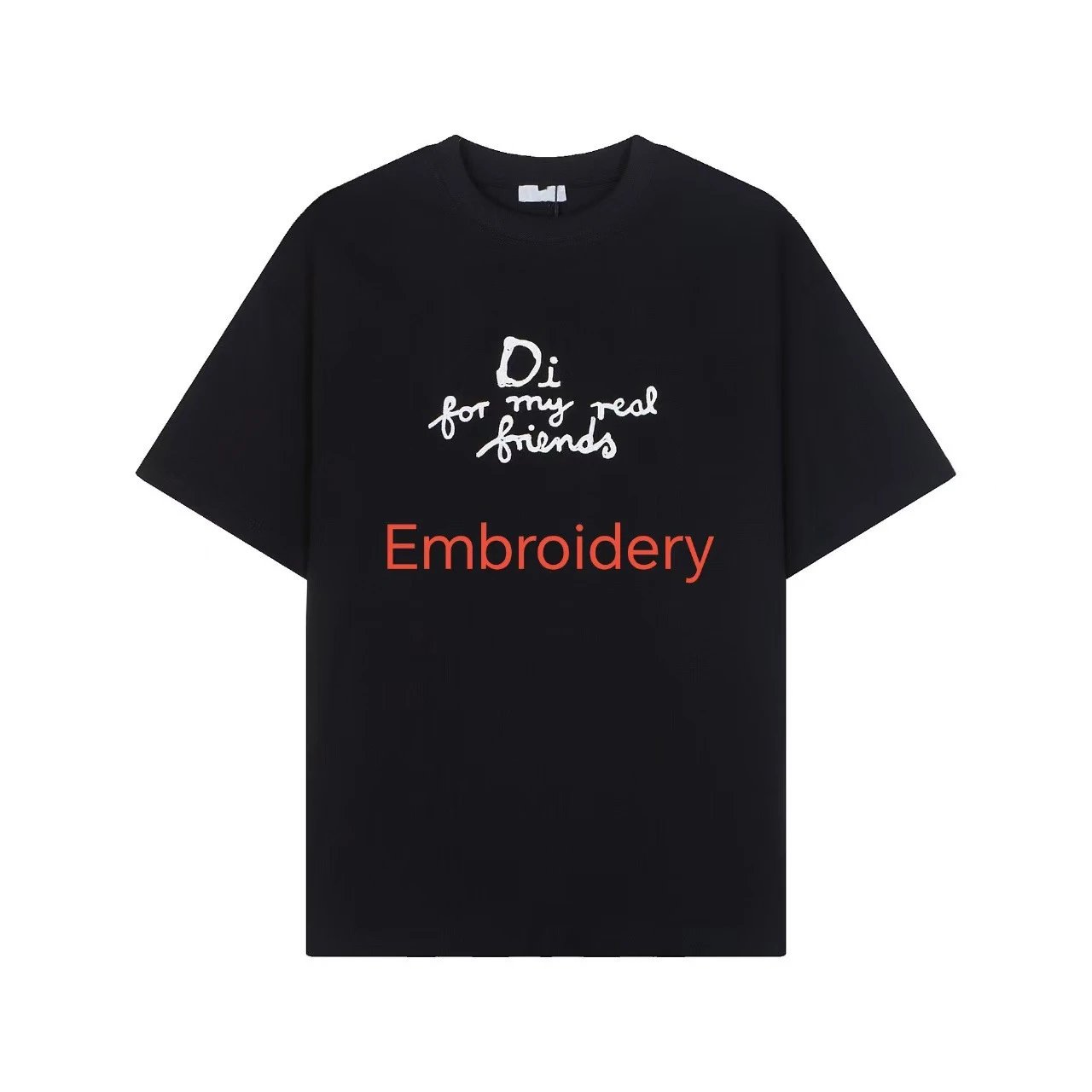 White Cotton T-Shirt with Blue Script and Red Embroidery Graphic Tee