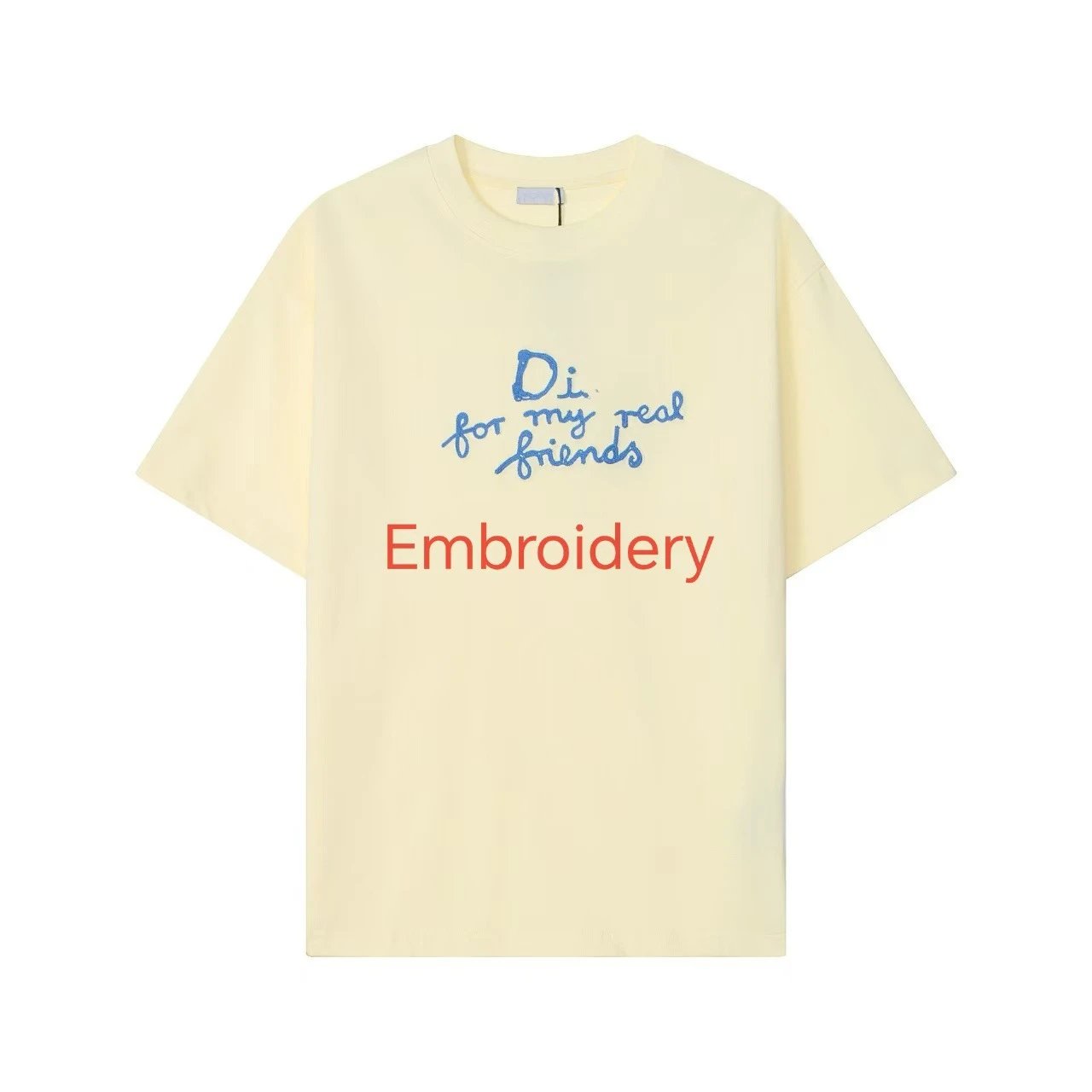 White Cotton T-Shirt with Blue Script and Red Embroidery Graphic Tee