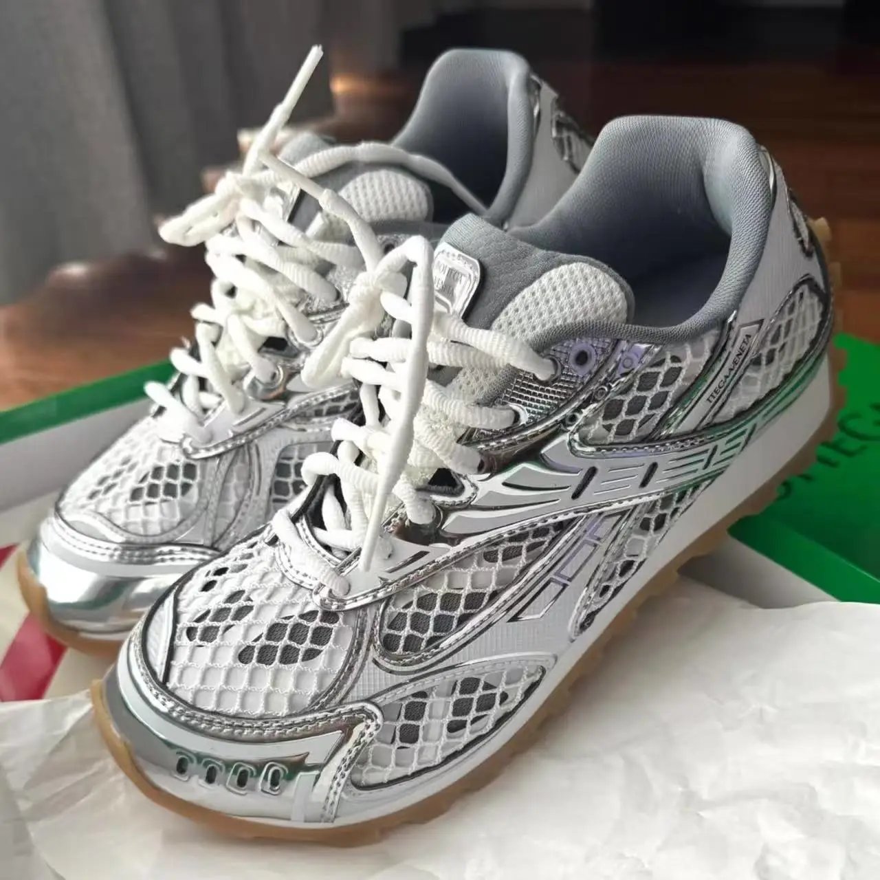 Bottega Veneta BV Sport Silver Metallic Mesh Sneakers