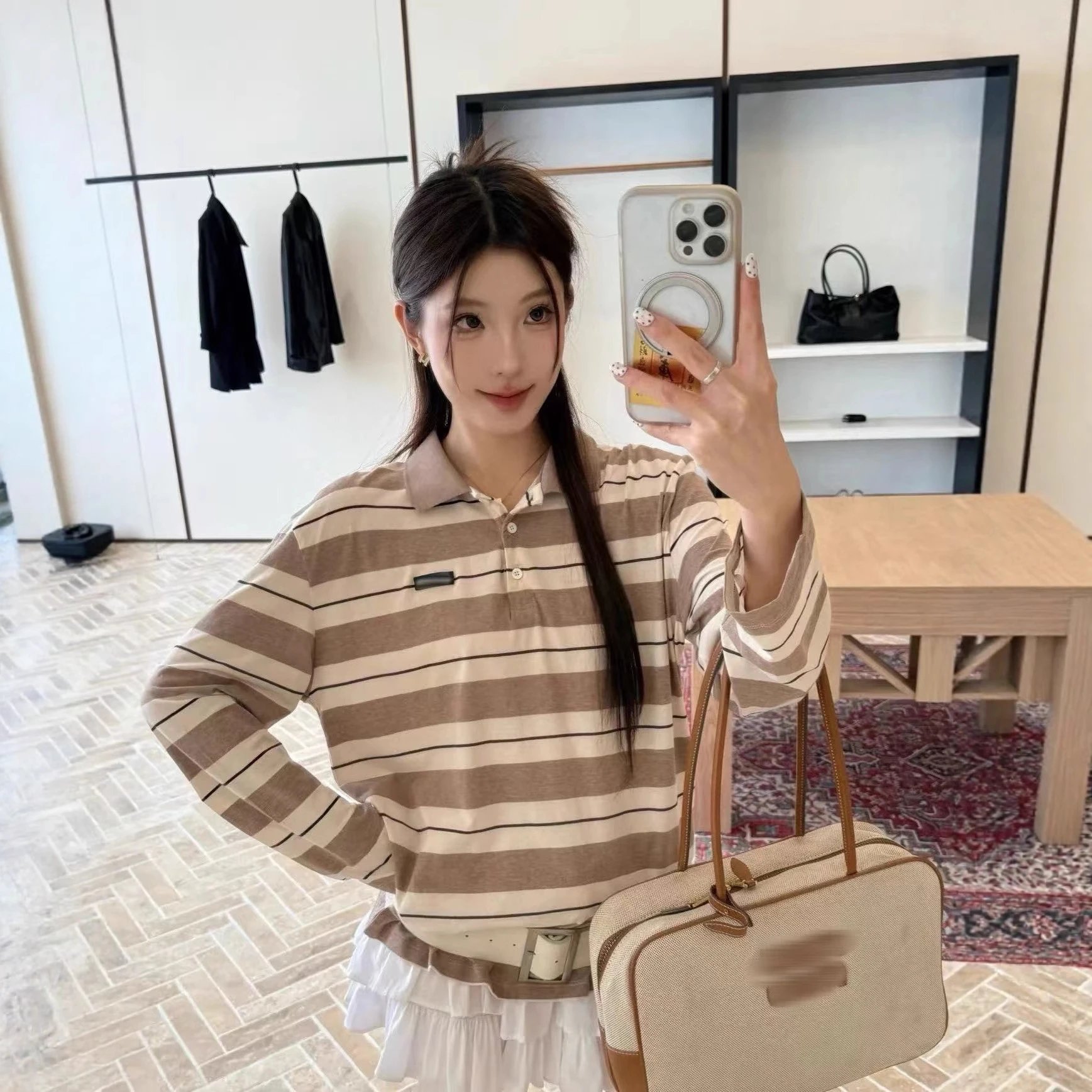 Striped Long Sleeve Polo Shirt Beige and White Casual Top