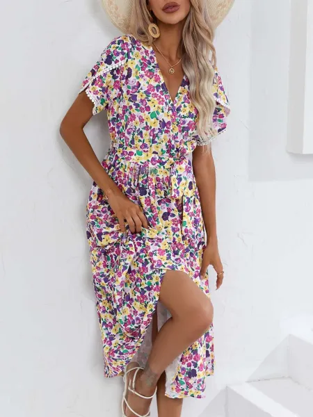 Design Floral Wrap Midi Dress Black White - 31