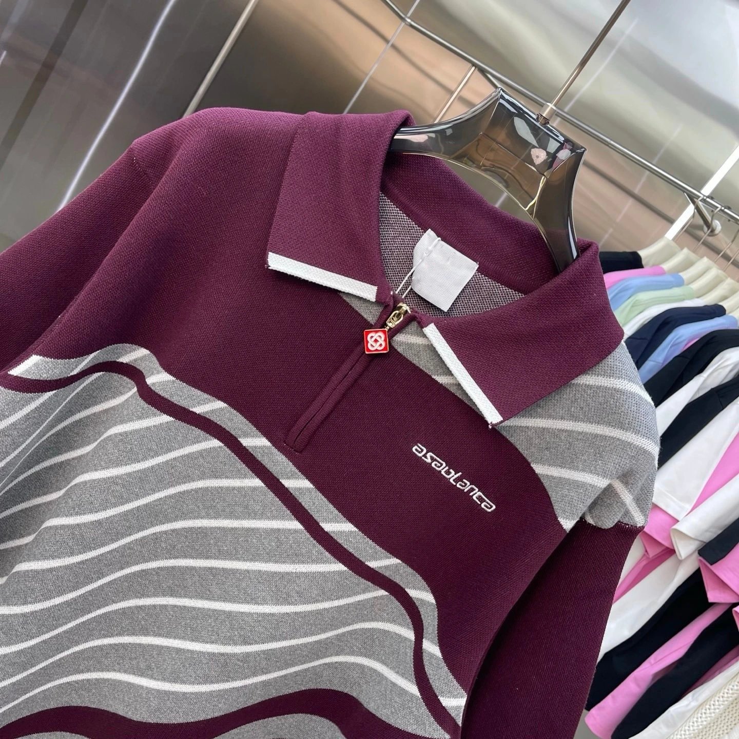 Casablanca Half-Zip Polo Burgundy Gray Striped Knit Polo Polo Shirt - 4