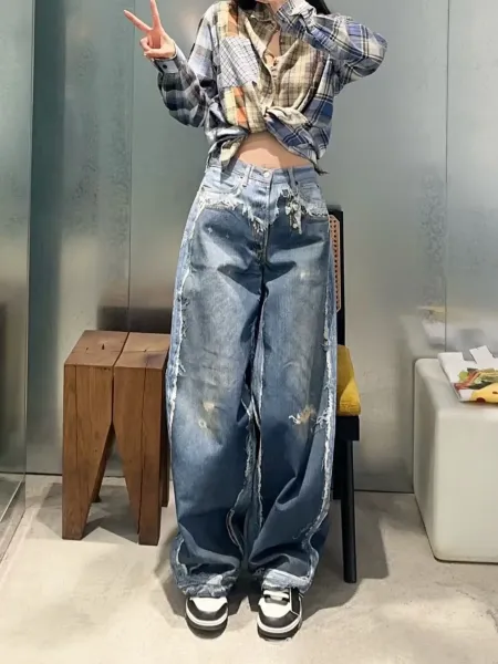 Design Wide-Leg Distressed Denim Jeans Blue - 8