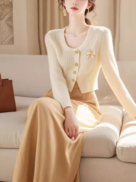 Design Ribbed Knit Cardigan with Bow Detail Beige Cardigan - 6