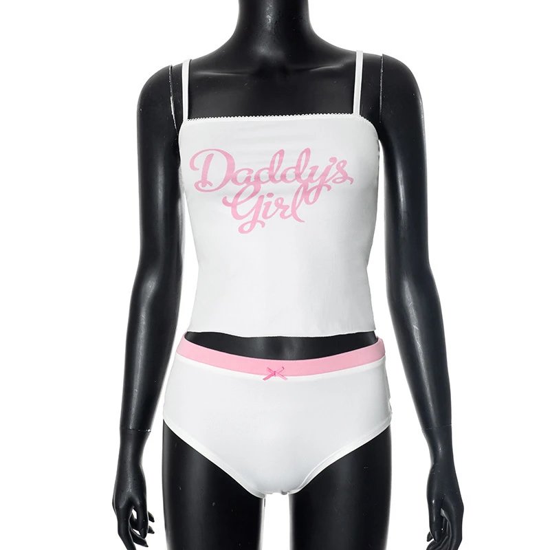 Design Daddy's Girl White Crop Top and Pink Trim Briefs Set Sets - 16
