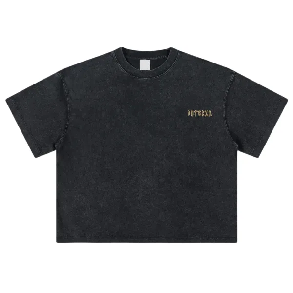 Design Long Sleeve Graphic Tee Black Washed Denim T-Shirt - 17