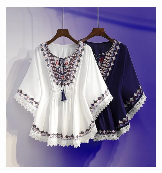 Design Boho Embroidered Lace Trim Tunic Top in Deep Purple Tops - 3