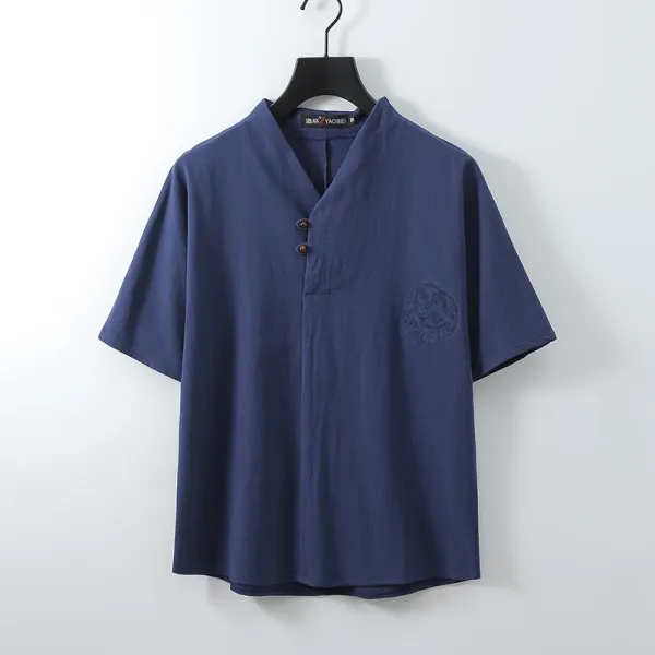 Design YAOBEI V-Neck Linen Blend Shirt White Shirt - 4