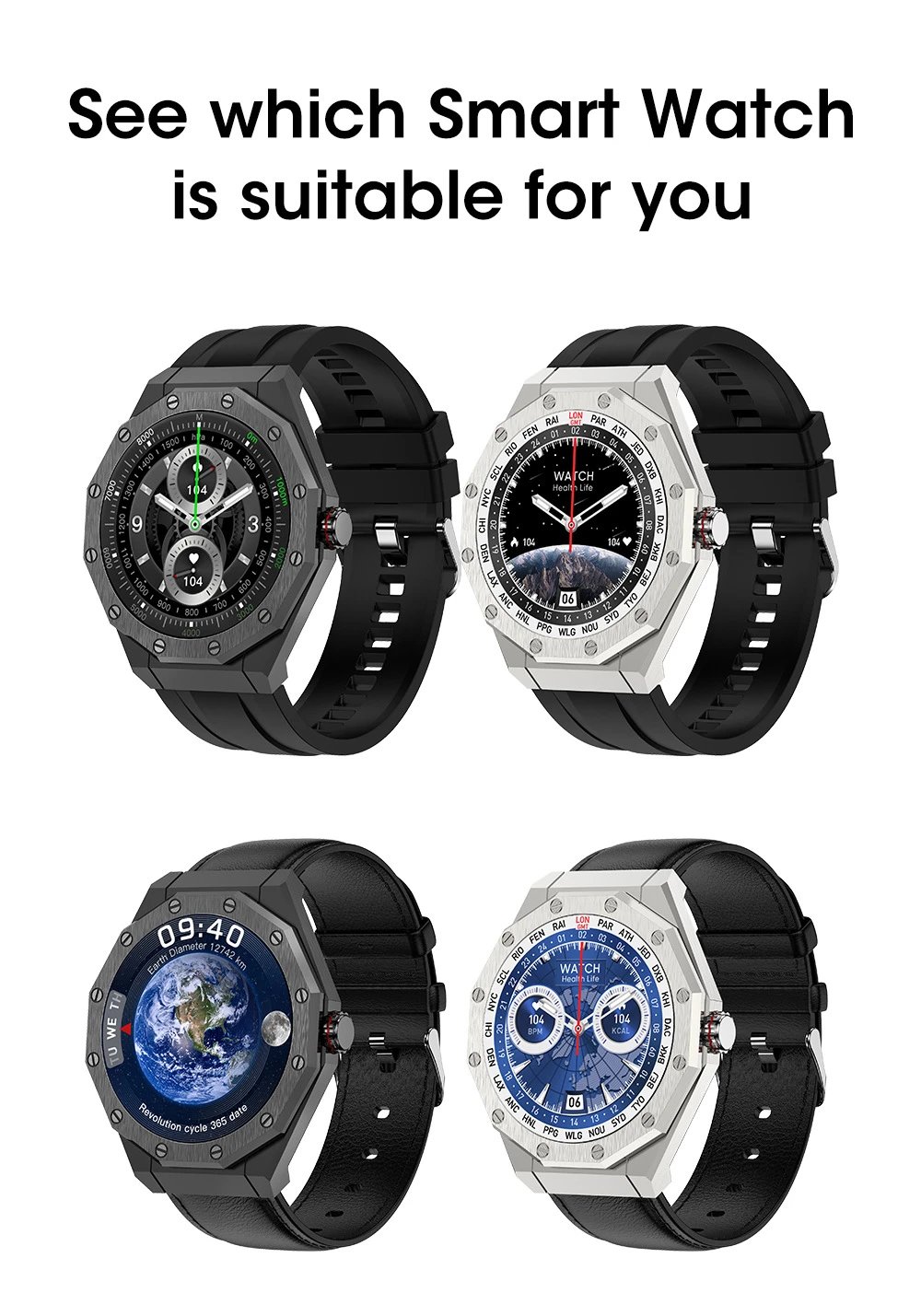 Design Octagonal Smartwatch Black and Brown Leather Strap Smartwatch - 16