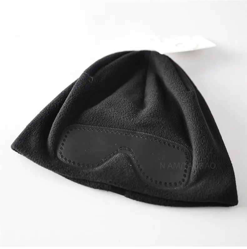 Design Fleece Beanie with Leather Eye Patch Detail Brown - 3