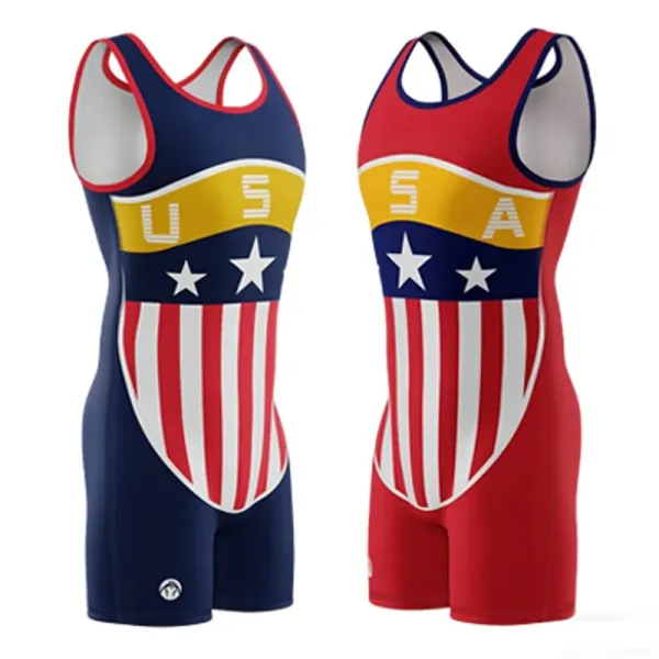 Design USA Patriotic Wrestling Singlet Navy and Red Activewear - 1