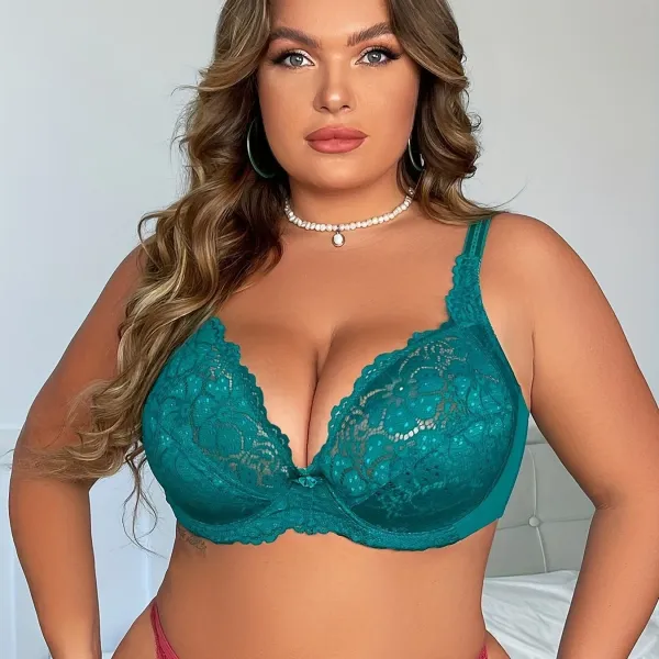 Design Lace-Trimmed Emerald Green Underwire Bra Underwear - 5