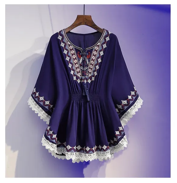 Design Boho Embroidered Lace Trim Tunic Top in Deep Purple Tops - 22