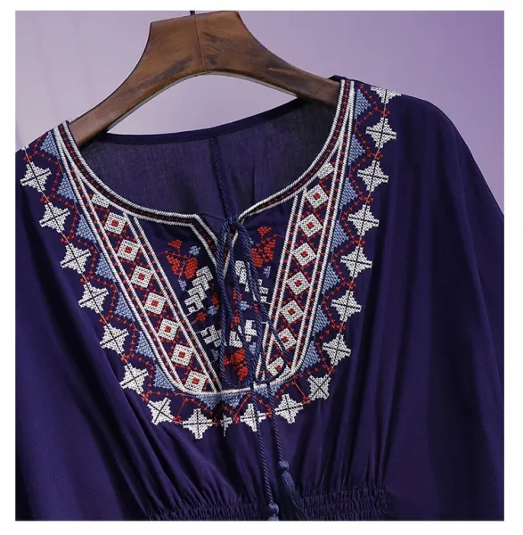 Design Boho Embroidered Lace Trim Tunic Top in Deep Purple Tops - 23