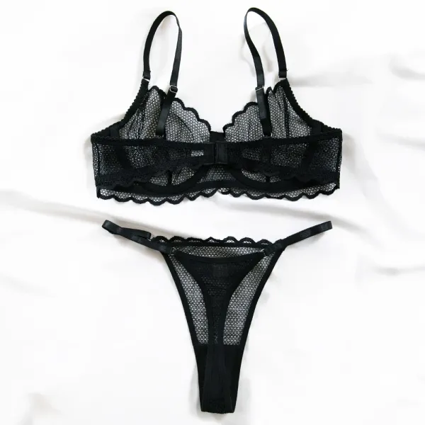 Design Maison de Reefur Black Mesh Lace Bra and Thong Set Underwear - 32