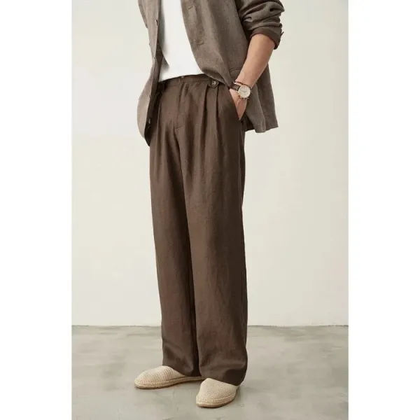 Design Wide-Leg Linen Blend Trousers Brown Pants - 15