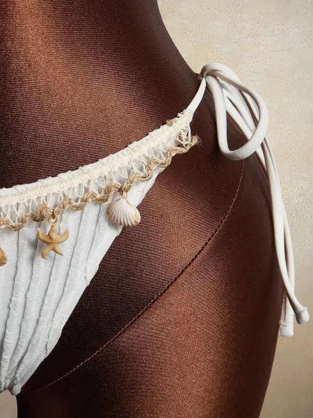 Design Seashell-Embellished Ribbed Pink Halter Bikini Set Swimwear - 8