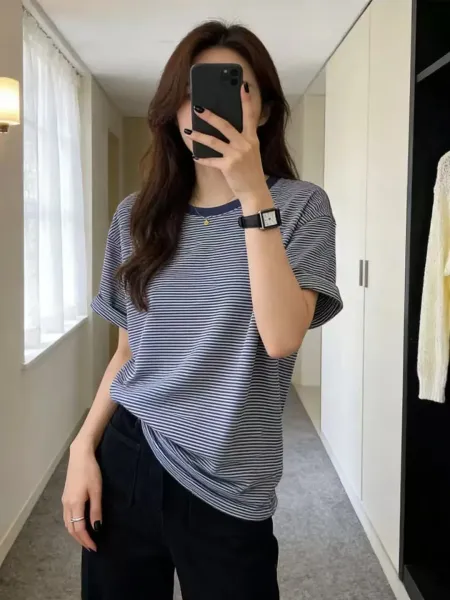 Design Striped Relaxed Fit T-Shirt Brown Beige T-Shirt - 7