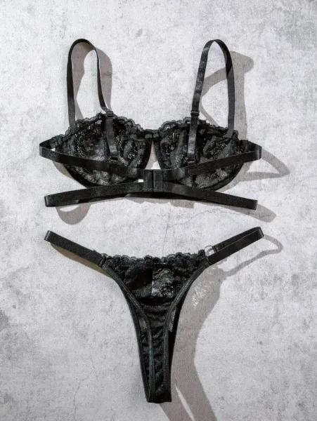 Design Red Lace Strappy Bra and Thong Set Underwear - 15