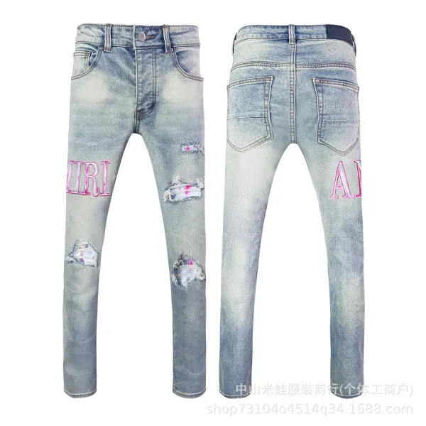 Amiri Script Logo Distressed Slim Fit Jeans Blue - 15