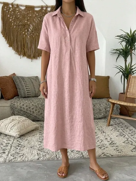 Design Linen Shirt Dress Beige Casual Dress - 11