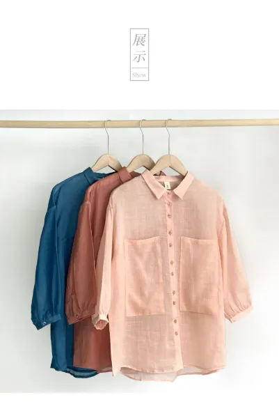 Design Linen Blend Button-Up Shirt Terracotta Tops Shirt - 3