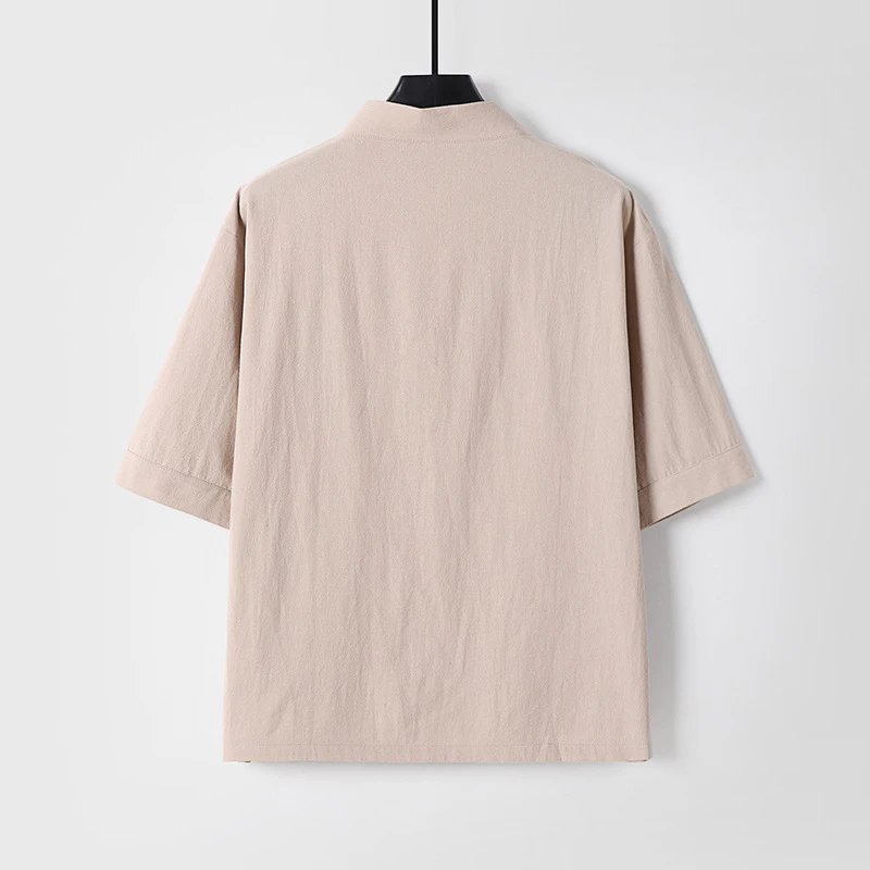 Design V-Neck Linen Button-Up Shirt Beige Tops.shirt - 8