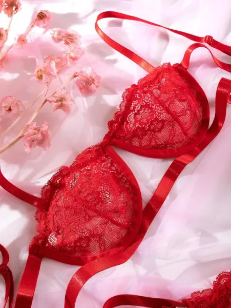 Design Red Lace Strappy Bra and Thong Set Underwear - 28