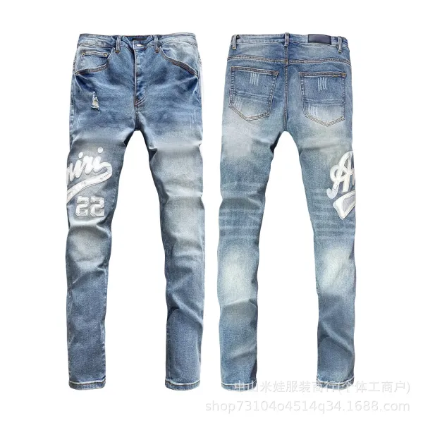 Amiri Script Logo Distressed Slim Fit Jeans Blue - 1