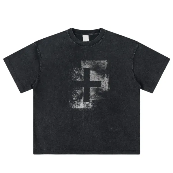 Design Cross Print Acid Wash Black Cropped T-Shirt - 13