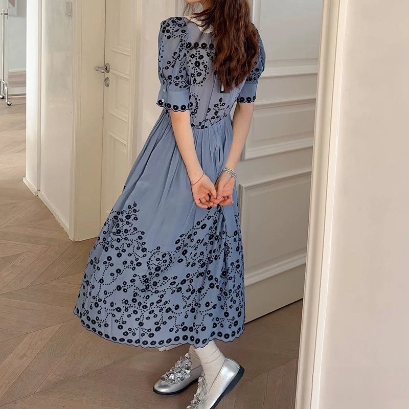 Blue Floral Print Lace Collar Midi Dress