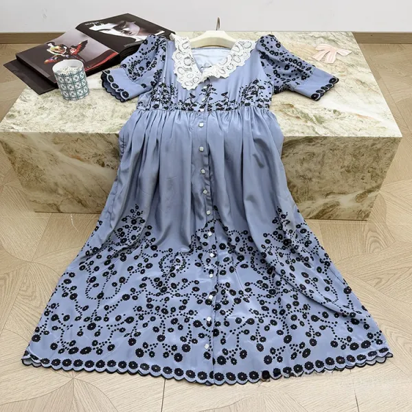 Design Floral Lace-Trimmed Shirt Dress in Dusty Blue - 3