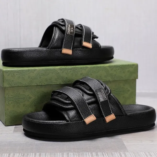 Design Slide Sandal White Leather Strap Slippers - 7