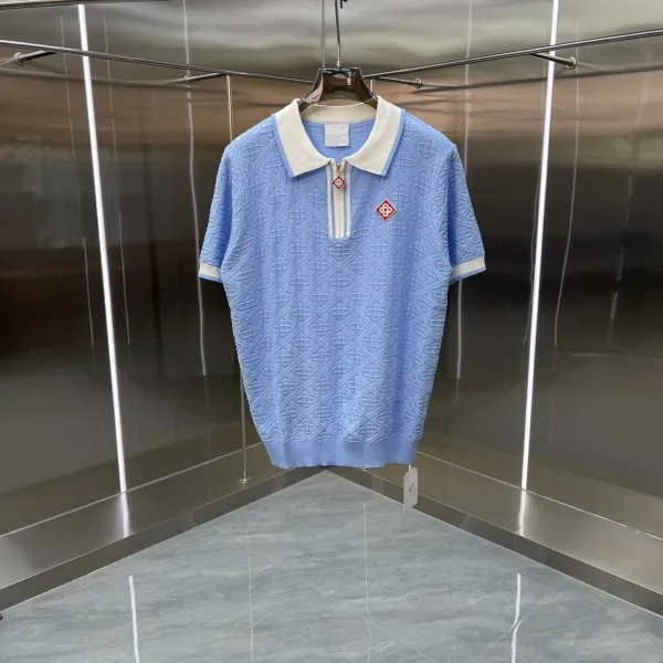 Dolce & Gabbana Embossed Diamond Pattern Zip-Neck Polo in Light Blue Polo Shirt - 1