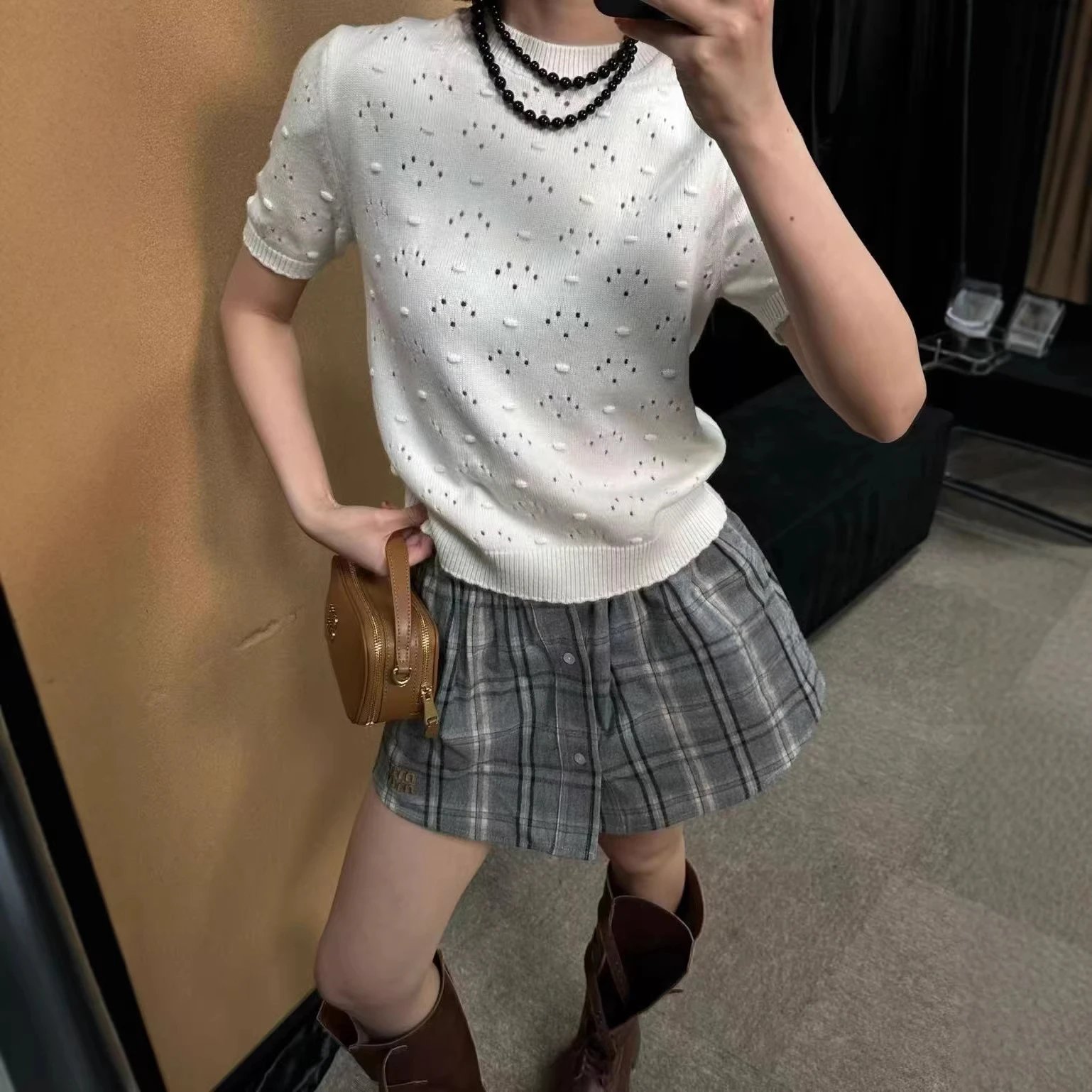 White Knit Short Sleeve Top With Eyelet Detail Casual