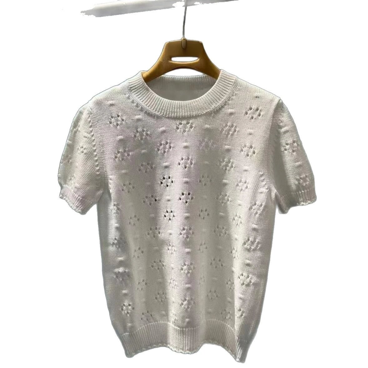 White Knit Short Sleeve Top With Eyelet Detail Casual