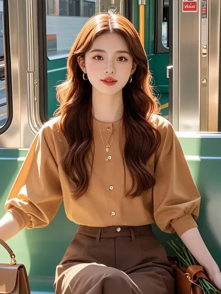 Design Button-Up Blouse in Camel with Puffed Sleeves and High-Waisted Brown Trousers Shirt - 7