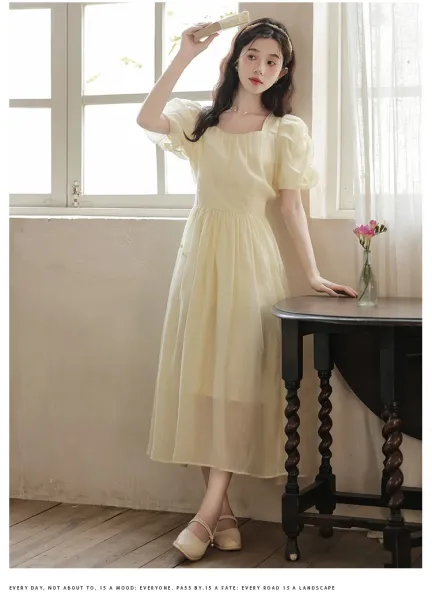 Design Yellow Puff-Sleeve Square-Neck Midi Dress - 18