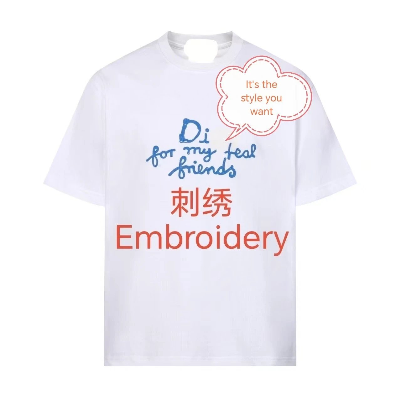 White Cotton T-Shirt with Blue Script and Red Embroidery Graphic Tee