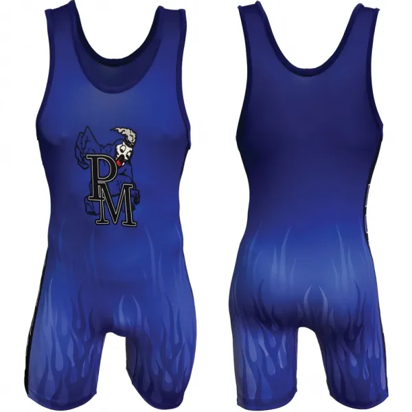 Design Flame Print Wrestling Singlet Blue Activewear - 1