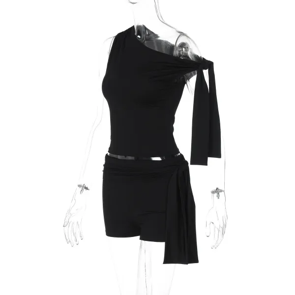 Design Asymmetrical One-Shoulder Top and Wrap Shorts Set Black - 25