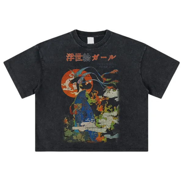 Design Ukiyo-e Girl Distressed Black Cropped T-Shirt - 1