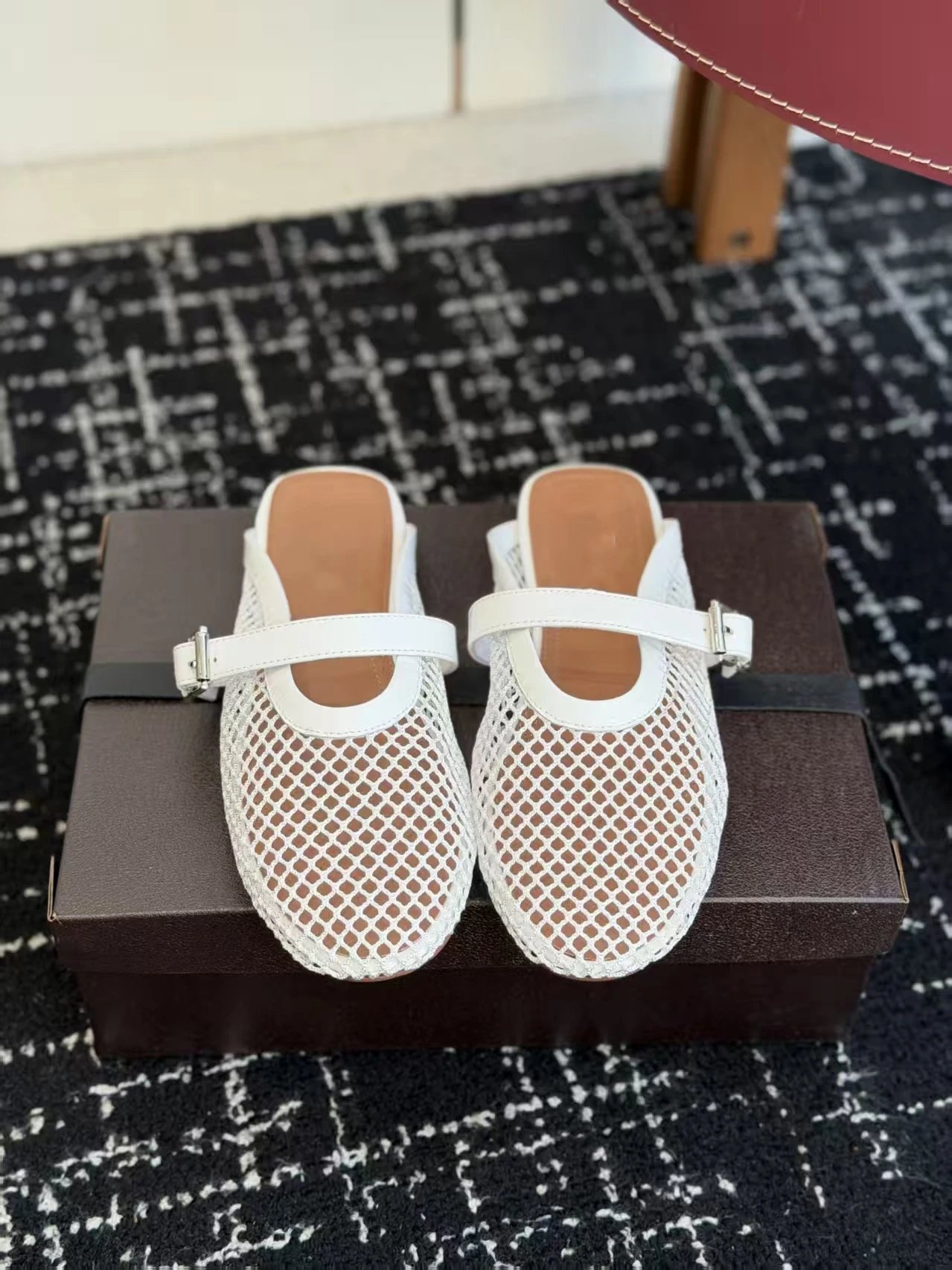 Design White Mesh Mule Sandals with Strap Detail Sandals