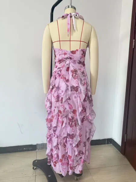 Design Floral Ruffle Halter Gown Lilac Pink Dress - 4